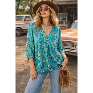 Covington Aqua Abstract Blouse Top Women's 16-18W Y2K Retro Bold Print Coastal